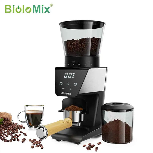 مطحنة قهوة كهربائية أوتوماتيكية من BioloMix مزودة بـ 30 ترسًا لتحضير قهوة الإسبريسو الأمريكية مع خاصية الصب وتخزين حبوب البن.